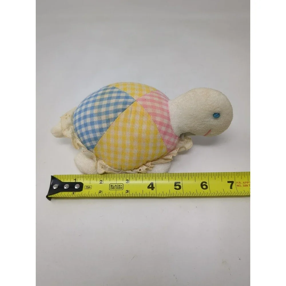 Eden Toys Plaid Pastel Turtle Tortoise‎ Rattle Plush Lace VTG 60s 70s 80s